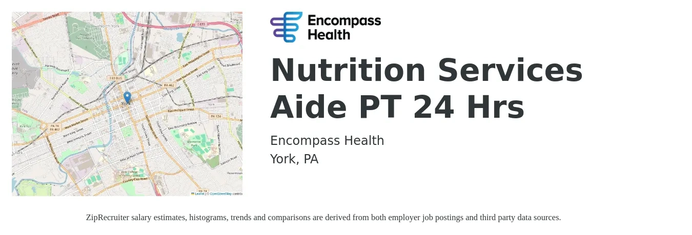 Encompass Health job posting for a Nutrition Services Aide PT 24 Hrs in York, PA with a salary of $13 to $19 Hourly with a map of York location.