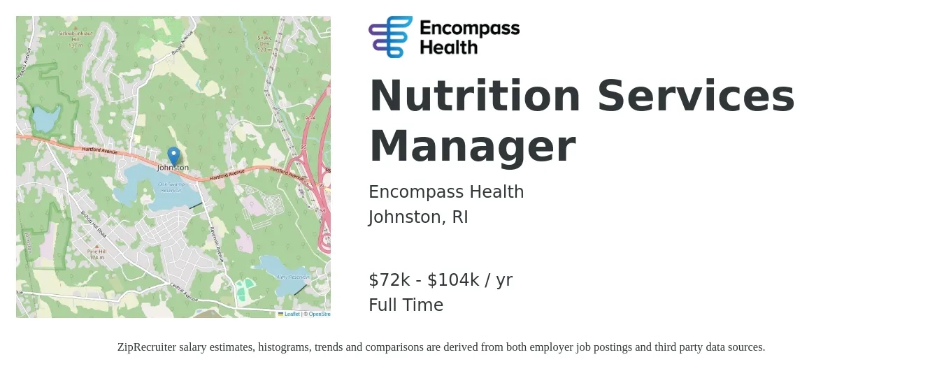 Encompass Health job posting for a Nutrition Services Manager in Johnston, RI with a salary of $72,800 to $104,000 Yearly with a map of Johnston location.