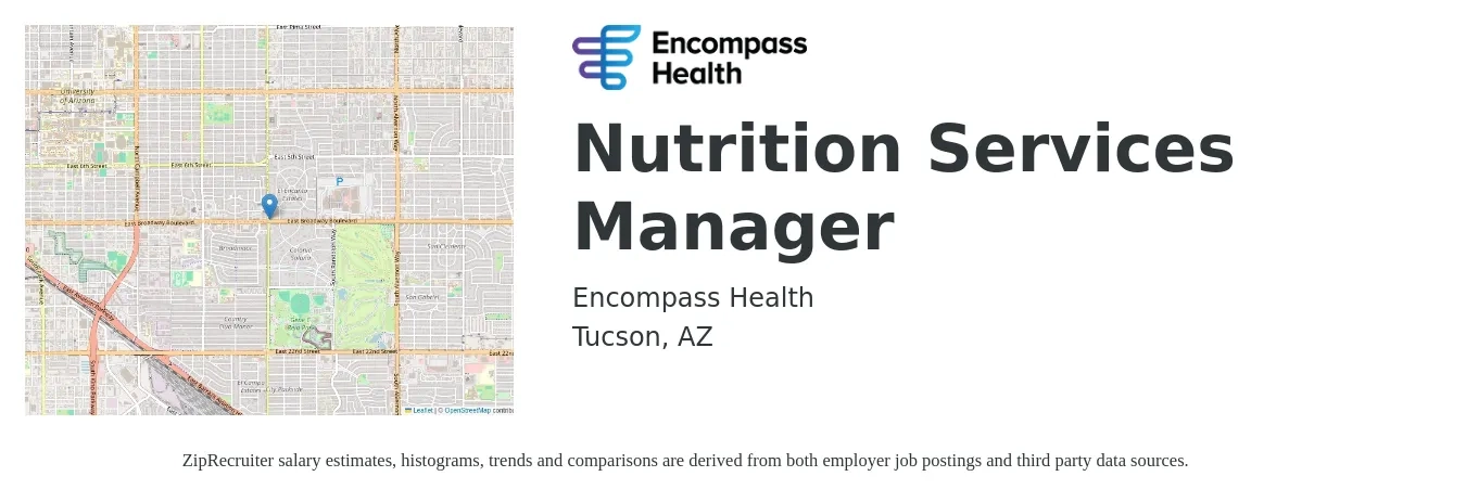 Encompass Health job posting for a Nutrition Services Manager in Tucson, AZ with a salary of $17 to $30 Hourly with a map of Tucson location.