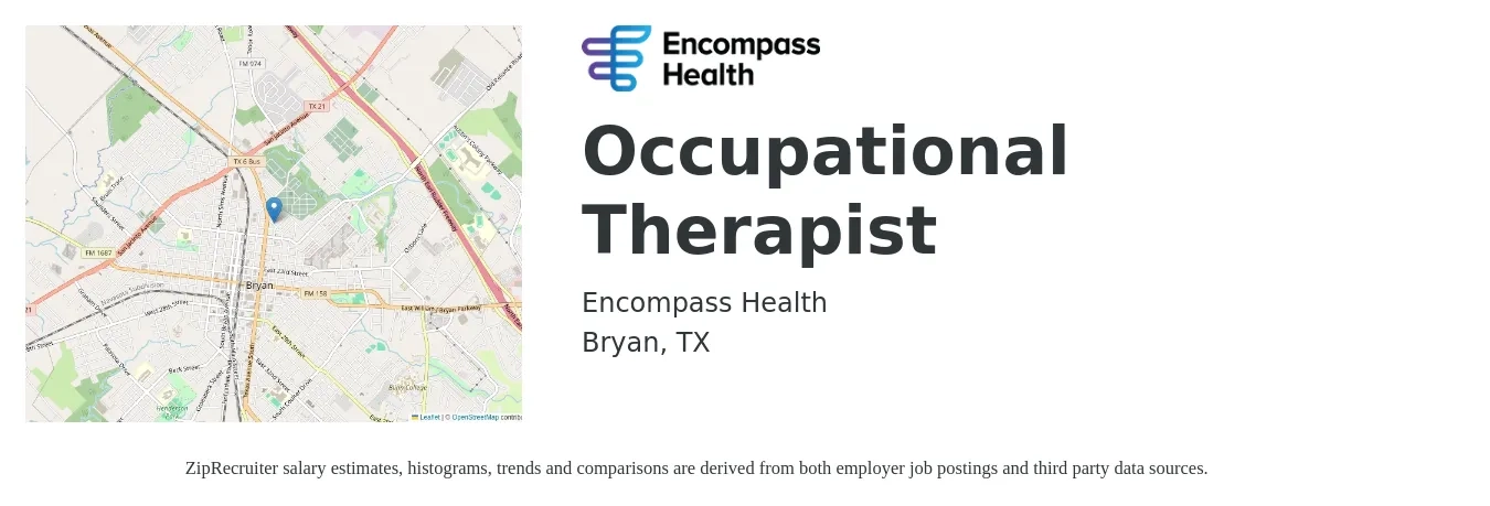 Encompass Health job posting for a Occupational Therapist in Bryan, TX with a salary of $34 to $44 Hourly with a map of Bryan location.