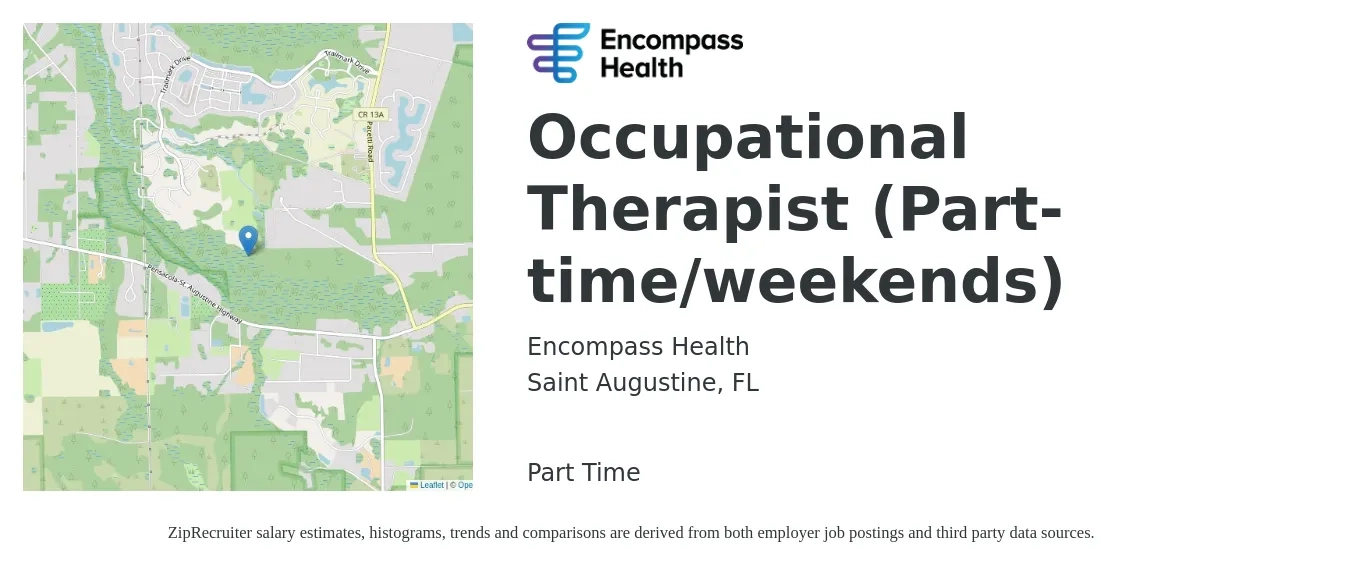 Encompass Health job posting for a Occupational Therapist (Part-time/weekends) in Saint Augustine, FL with a salary of $35 to $46 Hourly with a map of Saint Augustine location.