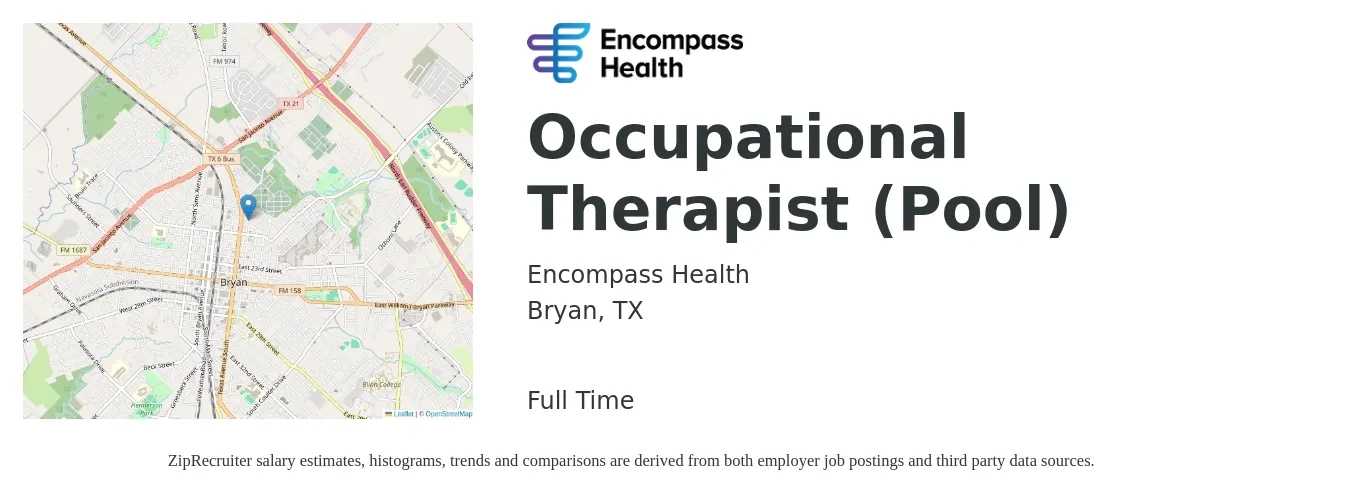 Encompass Health job posting for a Occupational Therapist (Pool) in Bryan, TX with a salary of $34 to $44 Hourly with a map of Bryan location.