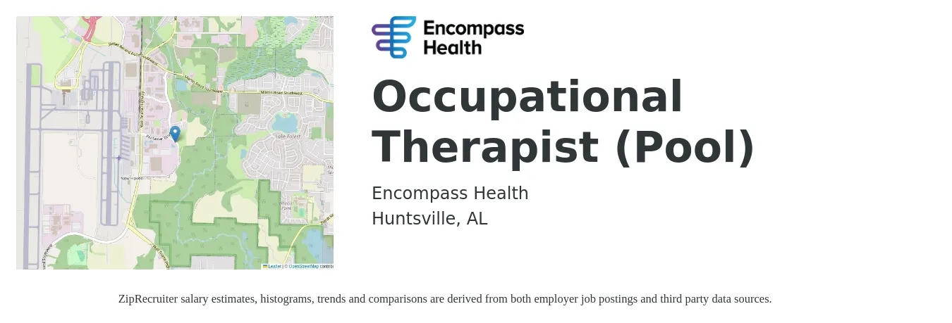 Encompass Health job posting for a Occupational Therapist (Pool) in Huntsville, AL with a salary of $39 to $51 Hourly with a map of Huntsville location.