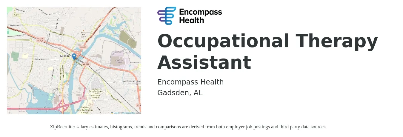 Encompass Health job posting for a Occupational Therapy Assistant in Gadsden, AL with a salary of $21 to $28 Hourly with a map of Gadsden location.