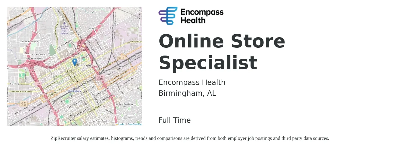Encompass Health job posting for a Online Store Specialist in Birmingham, AL with a map of Birmingham location.
