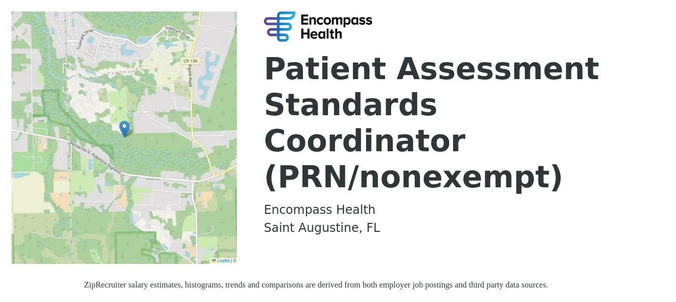 Encompass Health job posting for a Patient Assessment Standards Coordinator (PRN/nonexempt) in Saint Augustine, FL with a salary of $15 to $20 Hourly with a map of Saint Augustine location.