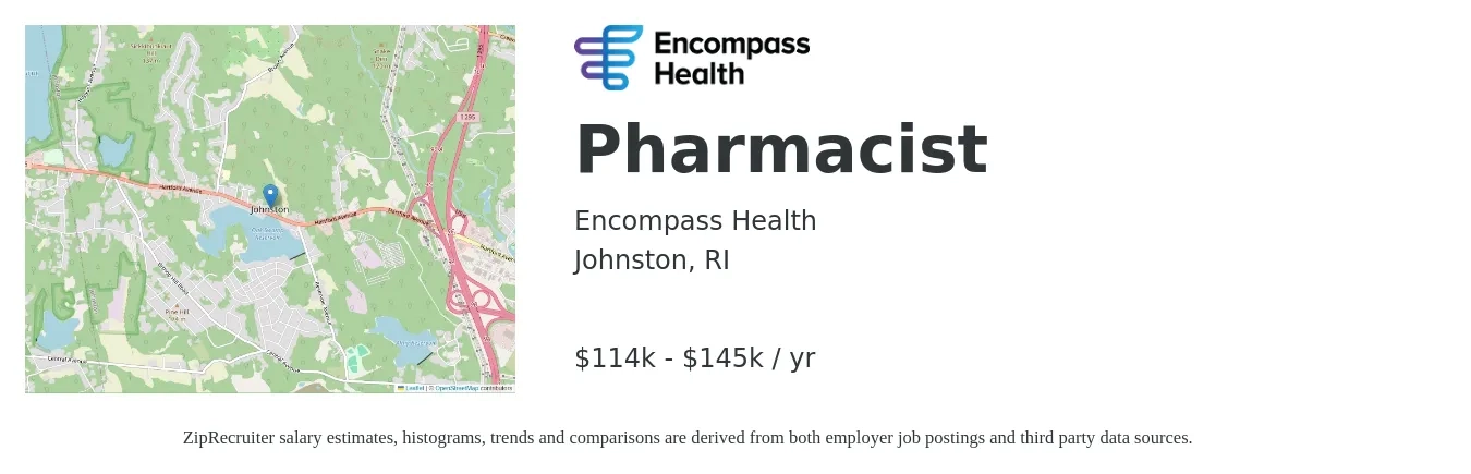 Encompass Health job posting for a Pharmacist in Johnston, RI with a salary of $114,400 to $145,600 Yearly with a map of Johnston location.