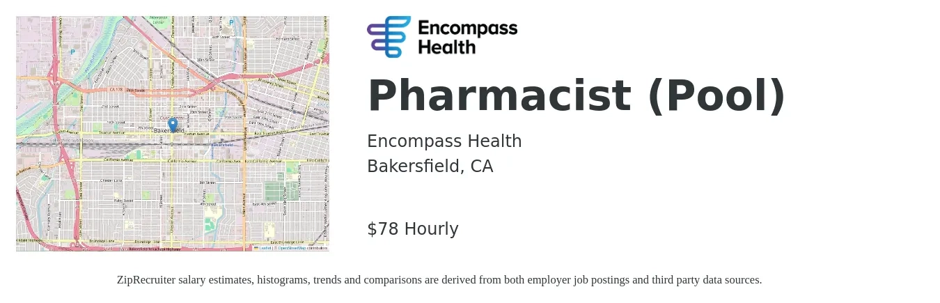 Encompass Health job posting for a Pharmacist (Pool) in Bakersfield, CA with a salary of $82 Hourly with a map of Bakersfield location.