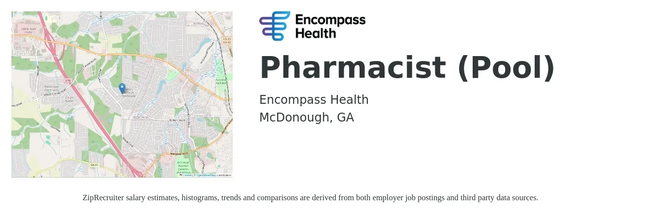 HealthSouth job posting for a Pharmacist (Pool) in McDonough, GA with a salary of $53 to $64 Hourly with a map of McDonough location.