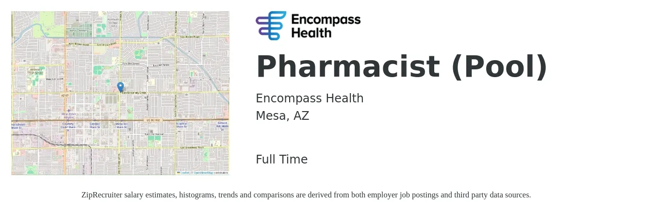 Encompass Health job posting for a Pharmacist (Pool) in Mesa, AZ with a salary of $51 to $62 Hourly with a map of Mesa location.