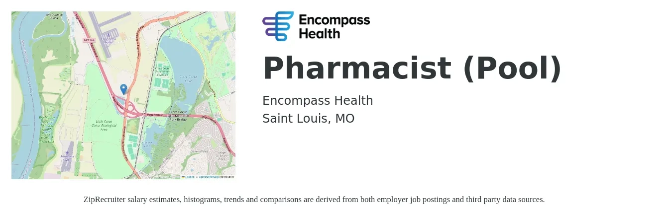 Encompass Health job posting for a Pharmacist (Pool) in Saint Louis, MO with a salary of $53 to $63 Hourly with a map of Saint Louis location.