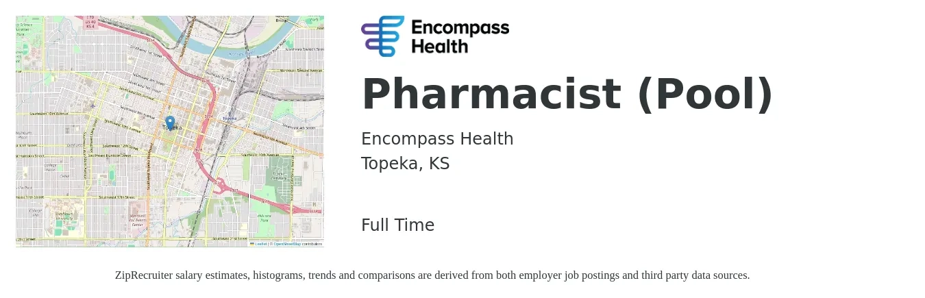 Encompass Health job posting for a Pharmacist (Pool) in Topeka, KS with a salary of $55 to $66 Hourly with a map of Topeka location.