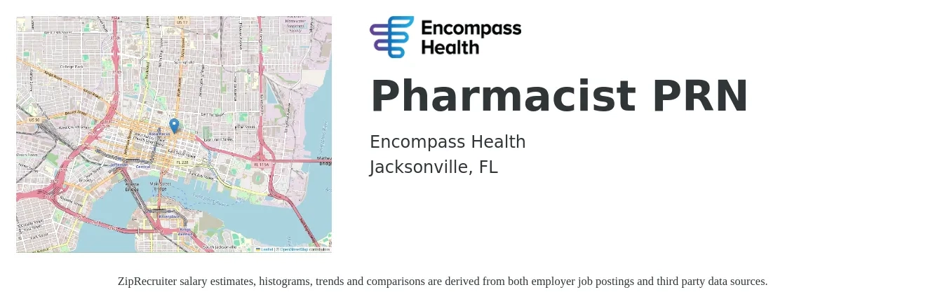 HealthSouth job posting for a Pharmacist PRN in Jacksonville, FL with a salary of $54 to $65 Hourly with a map of Jacksonville location.