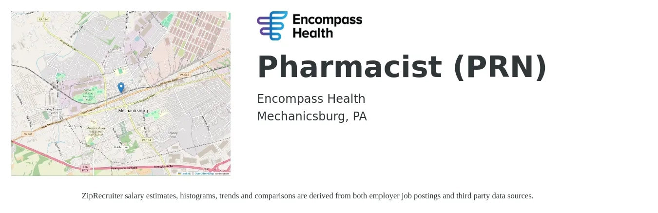 Encompass Health job posting for a Pharmacist (PRN) in Mechanicsburg, PA with a salary of $55 to $66 Hourly with a map of Mechanicsburg location.