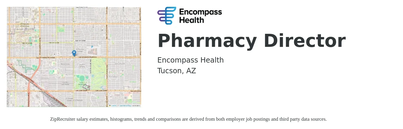 Encompass Health job posting for a Pharmacy Director in Tucson, AZ with a salary of $110,900 to $146,600 Yearly with a map of Tucson location.