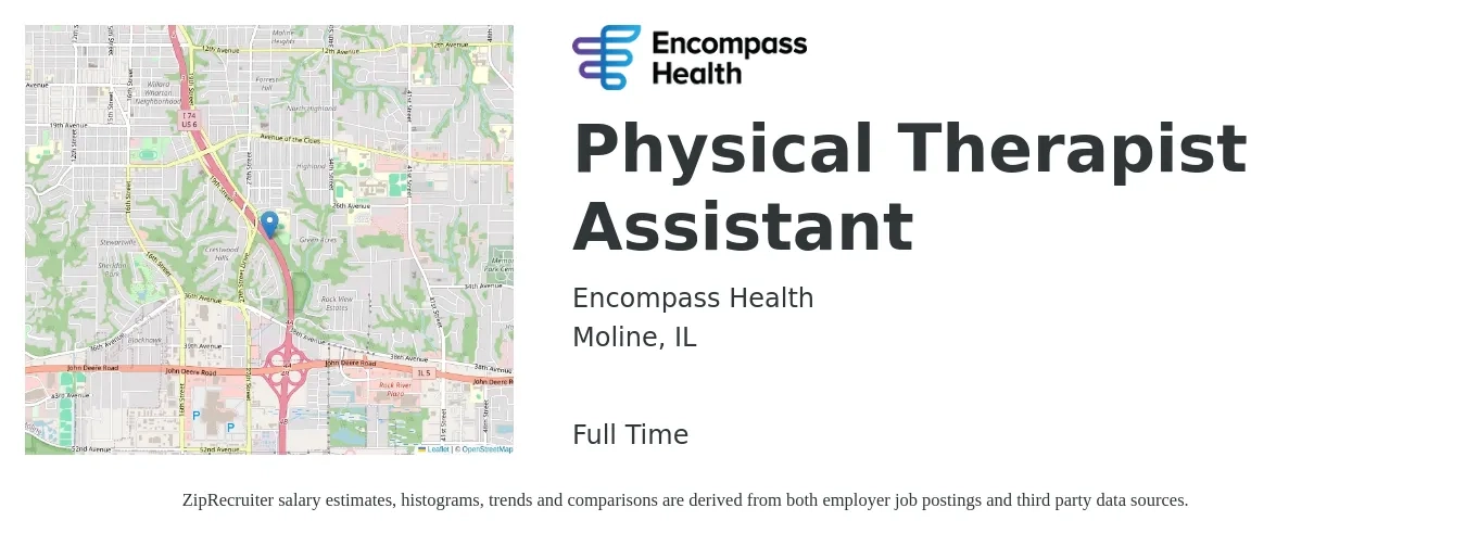 Encompass Health job posting for a Physical Therapist Assistant in Moline, IL with a salary of $26 to $34 Hourly with a map of Moline location.