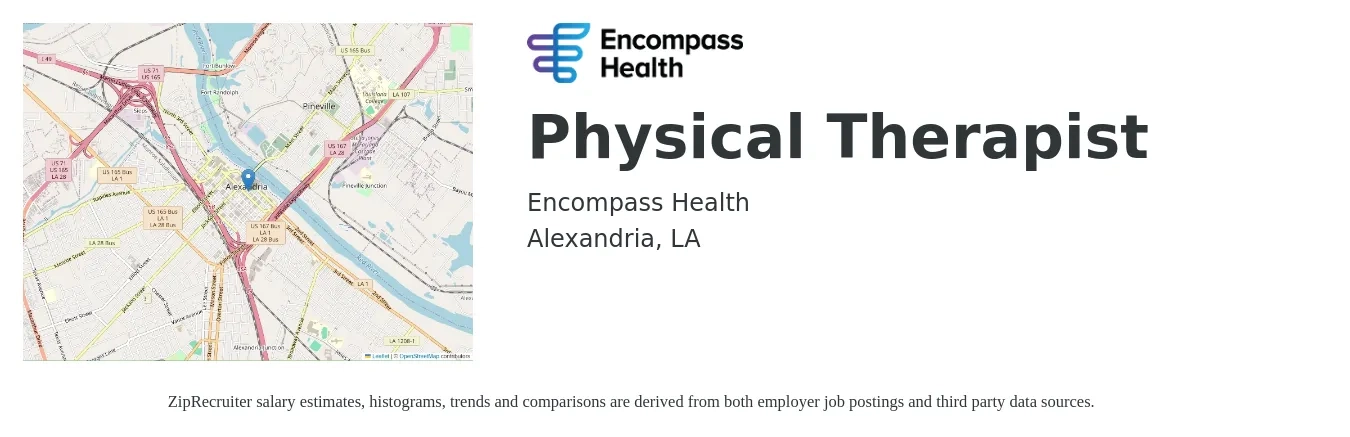Encompass Health job posting for a Physical Therapist in Alexandria, LA with a salary of $1,530 to $1,980 Weekly with a map of Alexandria location.