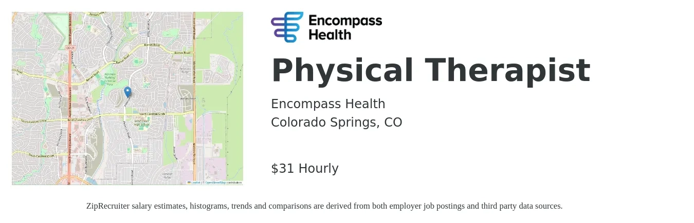 Encompass Health job posting for a Physical Therapist in Colorado Springs, CO with a salary of $43 Hourly with a map of Colorado Springs location.