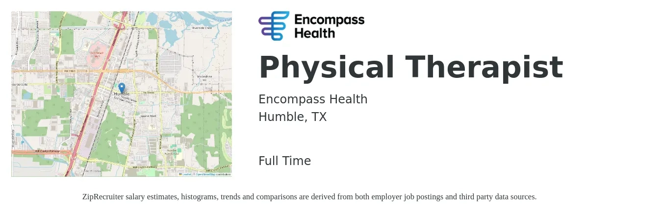 Encompass Health job posting for a Physical Therapist in Humble, TX with a salary of $1,430 to $1,860 Weekly with a map of Humble location.