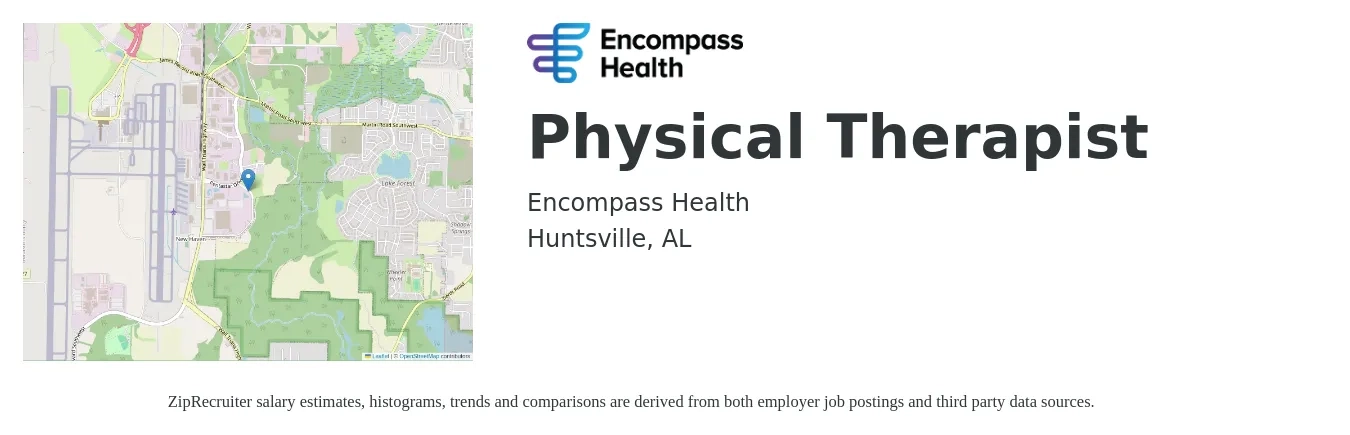 Encompass Health job posting for a Physical Therapist in Huntsville, AL with a salary of $1,600 to $2,080 Weekly with a map of Huntsville location.