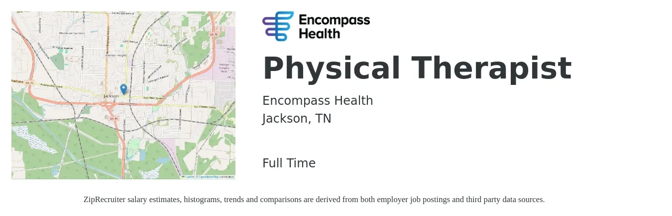 Encompass Health job posting for a Physical Therapist in Jackson, TN with a salary of $1,450 to $1,880 Weekly with a map of Jackson location.