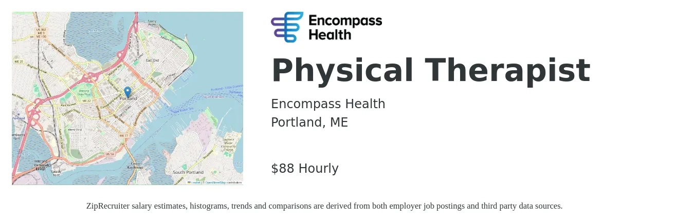 Encompass Health job posting for a Physical Therapist in Portland, ME with a salary of $1,680 to $2,180 Weekly with a map of Portland location.