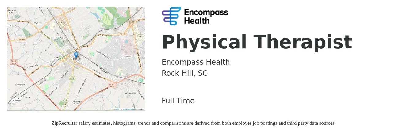 Encompass Health job posting for a Physical Therapist in Rock Hill, SC with a salary of $1,400 to $1,810 Weekly with a map of Rock Hill location.