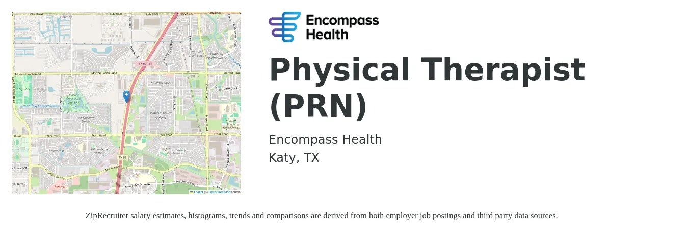 Encompass Health job posting for a Physical Therapist (PRN) in Katy, TX with a salary of $1,520 to $1,970 Weekly with a map of Katy location.