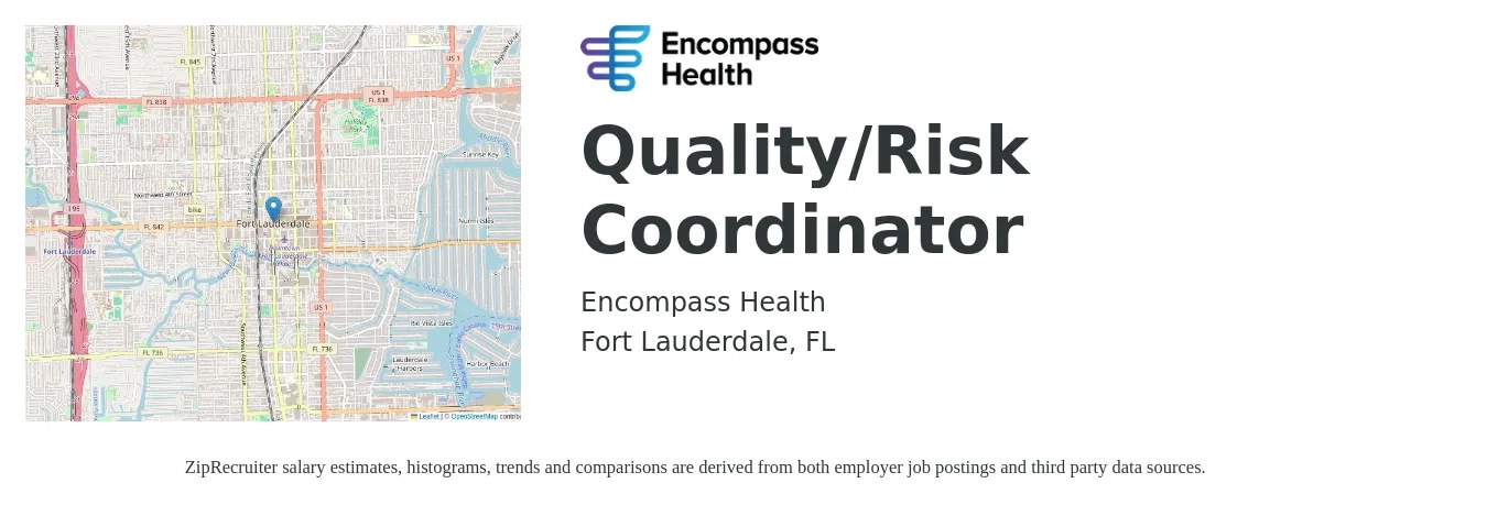 Encompass Health job posting for a Quality/Risk Coordinator in Fort Lauderdale, FL with a salary of $20 to $30 Hourly with a map of Fort Lauderdale location.