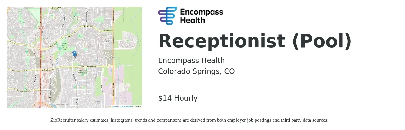 Encompass Health job posting for a Receptionist (Pool) in Colorado Springs, CO with a salary of $15 Hourly with a map of Colorado Springs location.
