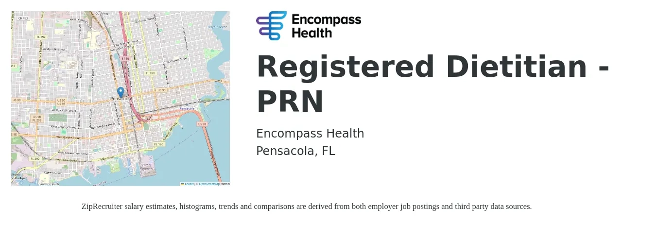 Encompass Health job posting for a Registered Dietitian - PRN in Pensacola, FL with a salary of $27 to $36 Hourly with a map of Pensacola location.