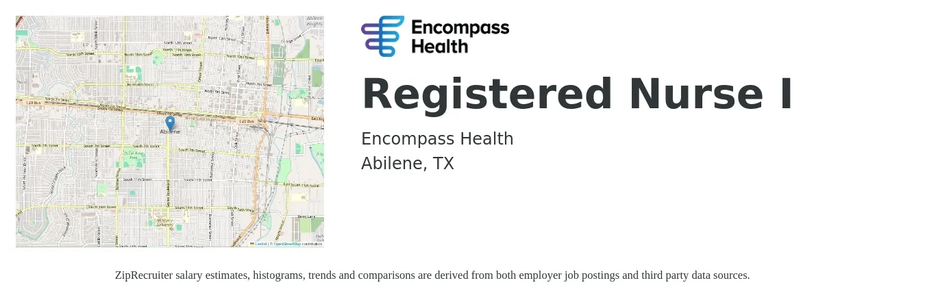 Encompass Health job posting for a Registered Nurse I in Abilene, TX with a salary of $26 to $42 Hourly with a map of Abilene location.