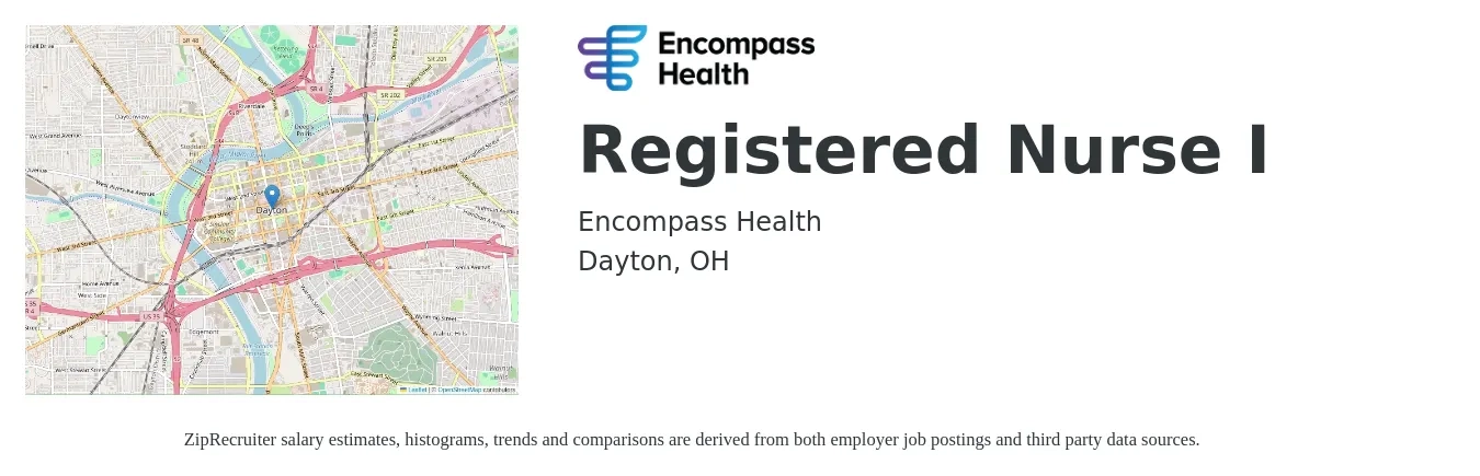 Encompass Health job posting for a Registered Nurse I in Dayton, OH with a salary of $32 to $50 Hourly with a map of Dayton location.