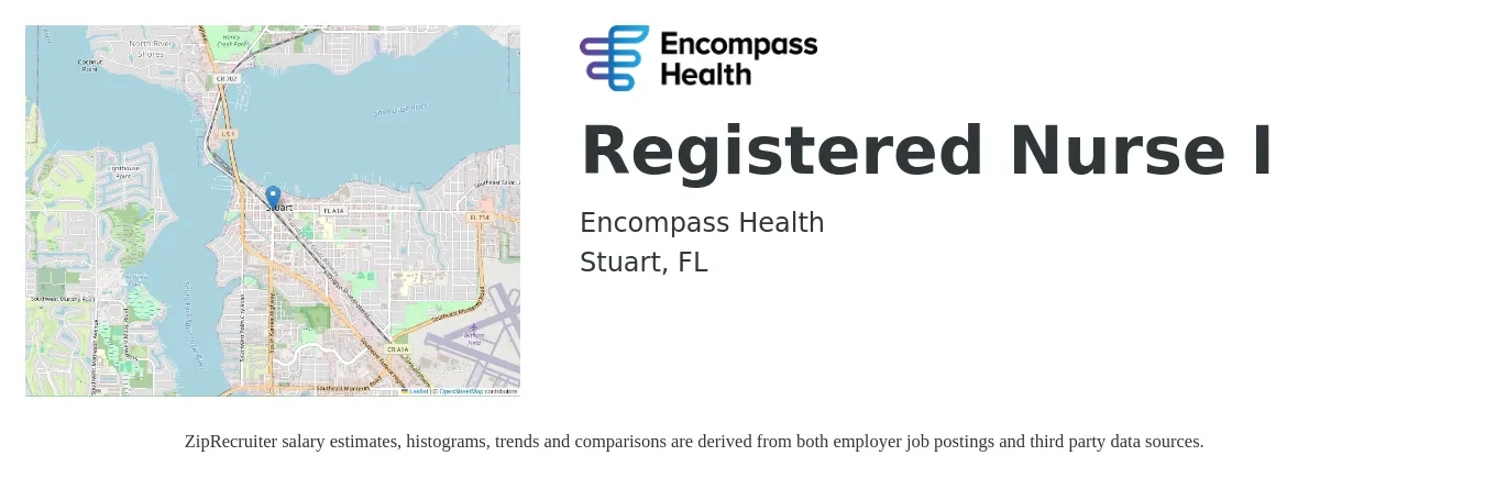 Encompass Health job posting for a Registered Nurse I in Stuart, FL with a salary of $28 to $44 Hourly with a map of Stuart location.