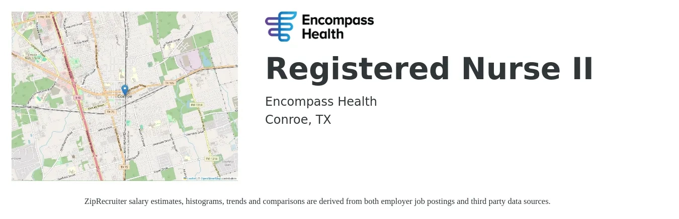 Encompass Health job posting for a Registered Nurse II in Conroe, TX with a salary of $28 to $44 Hourly with a map of Conroe location.