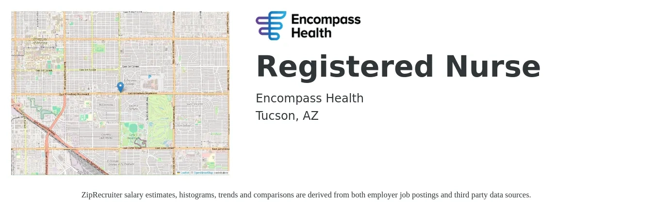 Encompass Health job posting for a Registered Nurse in Tucson, AZ with a salary of $28 to $45 Hourly with a map of Tucson location.