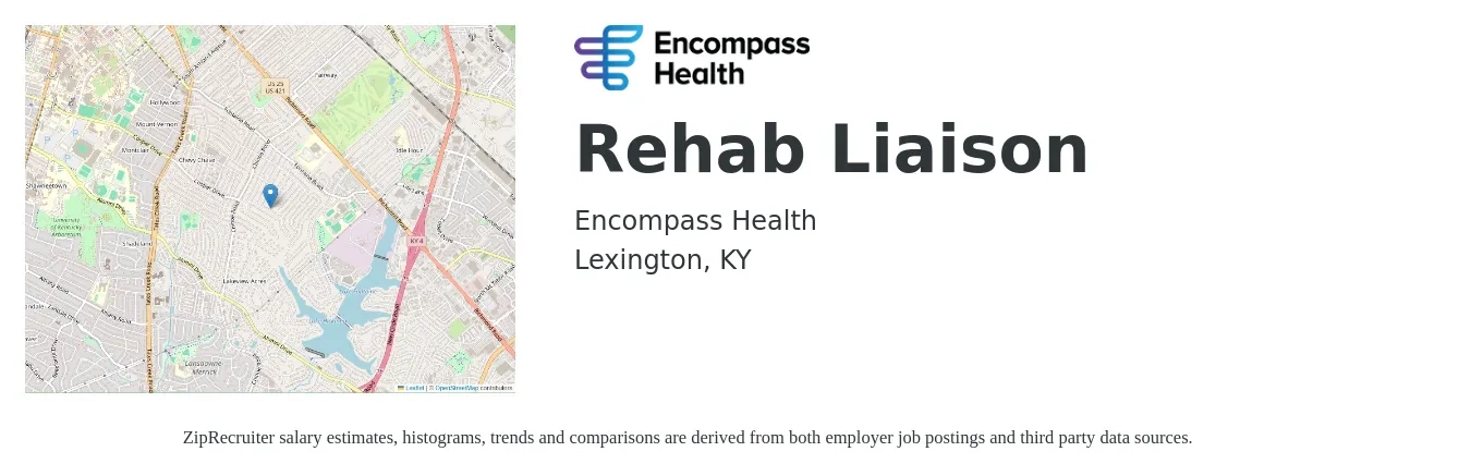 Encompass Health job posting for a Rehab Liaison in Lexington, KY with a salary of $44,800 to $65,500 Yearly with a map of Lexington location.