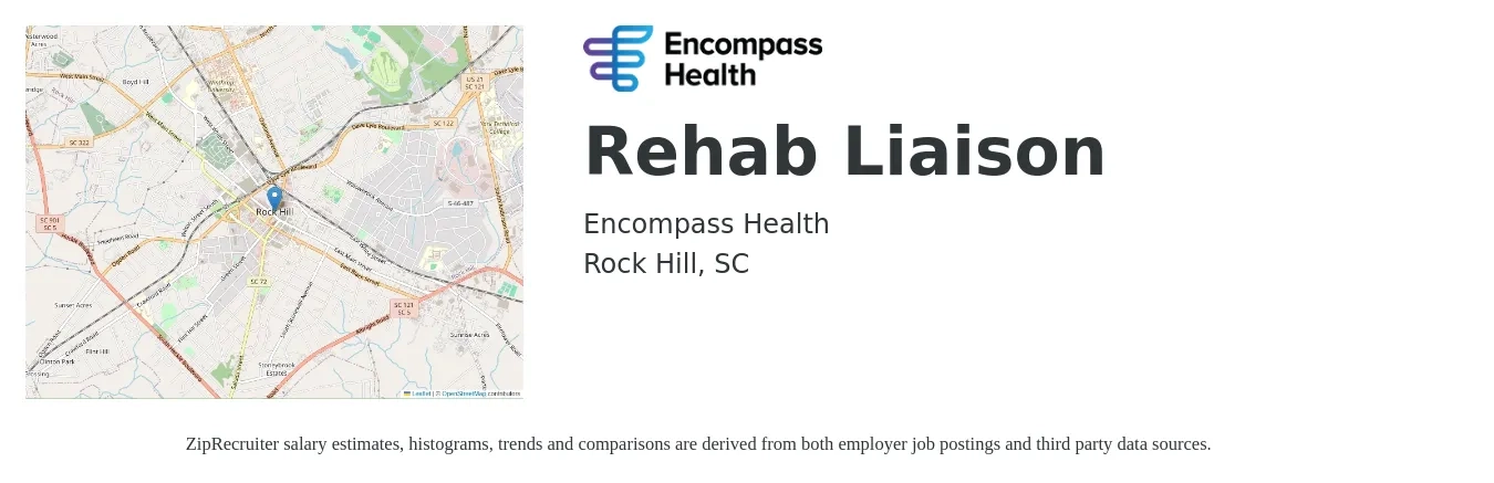 Encompass Health job posting for a Rehab Liaison in Rock Hill, SC with a salary of $42,900 to $62,600 Yearly with a map of Rock Hill location.