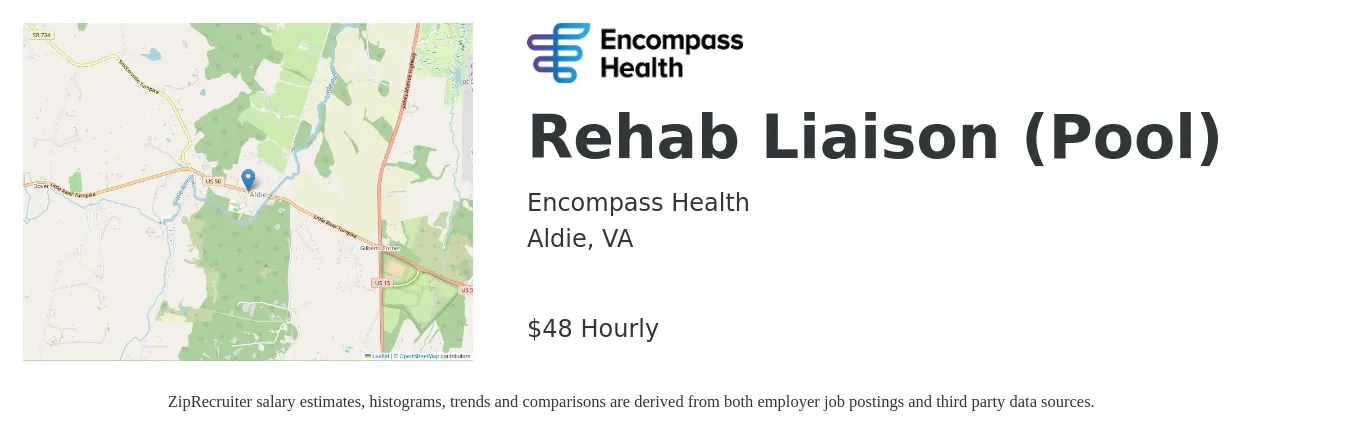 Encompass Health job posting for a Rehab Liaison (Pool) in Aldie, VA with a salary of $50,400 to $73,600 Yearly with a map of Aldie location.