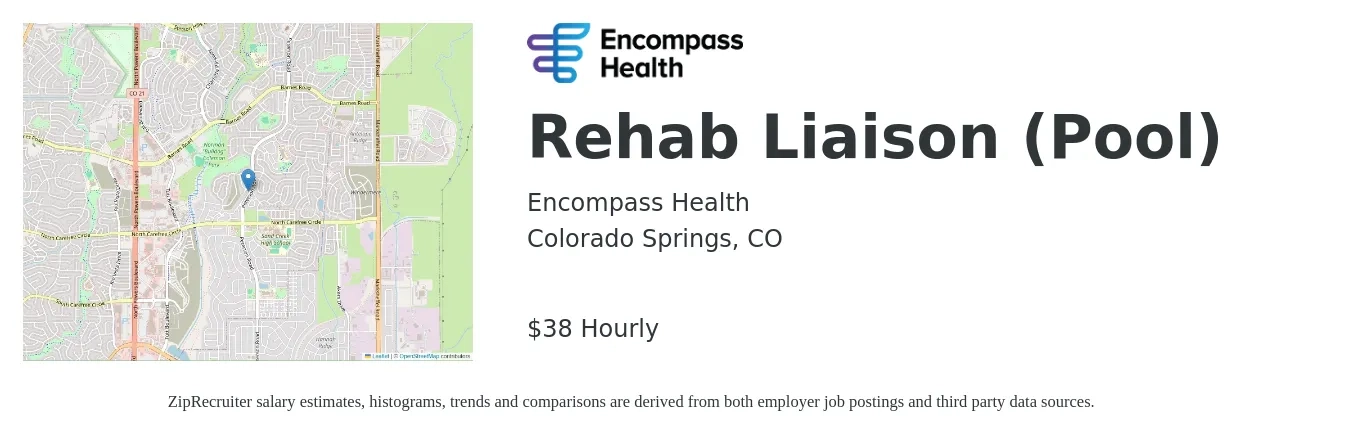 Encompass Health job posting for a Rehab Liaison (Pool) in Colorado Springs, CO with a salary of $40 Hourly with a map of Colorado Springs location.