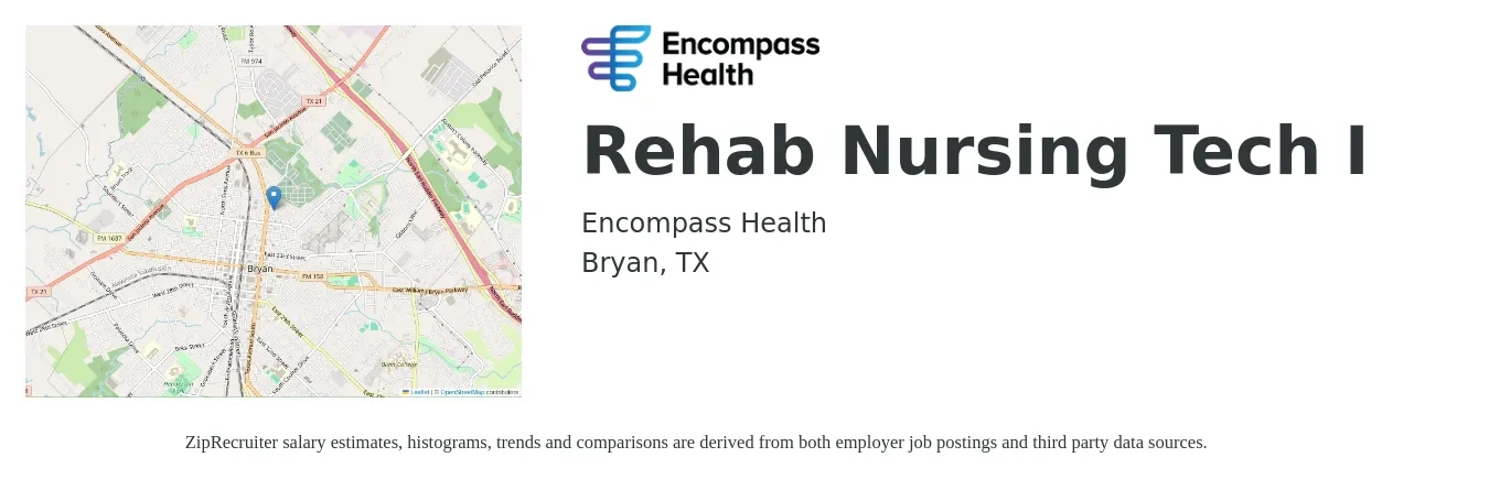 Encompass Health job posting for a Rehab Nursing Tech I in Bryan, TX with a salary of $14 to $18 Hourly with a map of Bryan location.