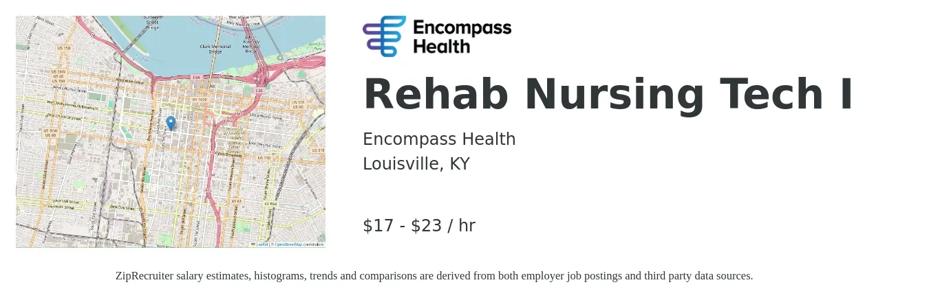 Encompass Health job posting for a Rehab Nursing Tech I in Louisville, KY with a salary of $18 Hourly with a map of Louisville location.