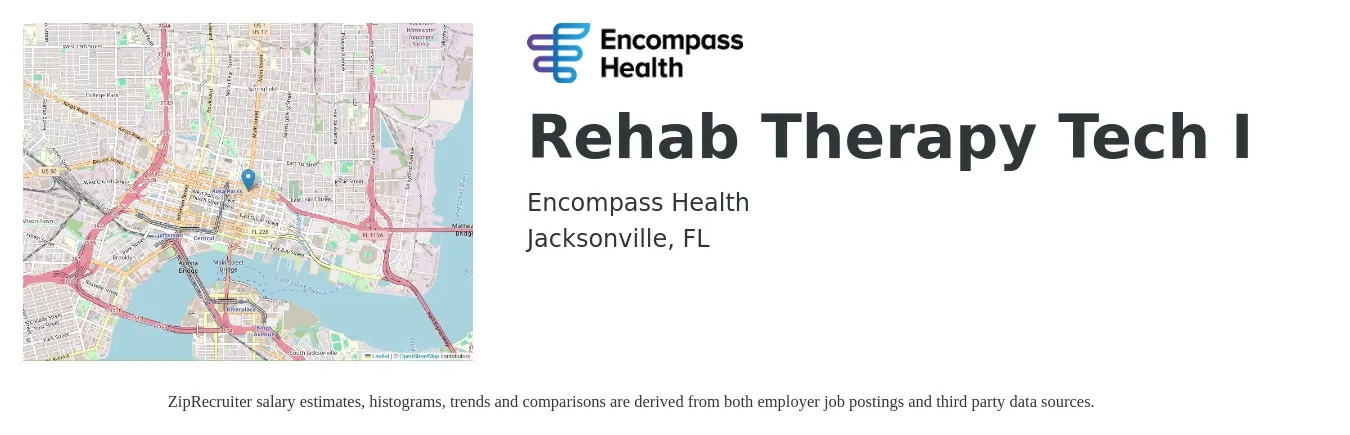 Encompass Health job posting for a Rehab Therapy Tech I in Jacksonville, FL with a salary of $14 to $19 Hourly with a map of Jacksonville location.