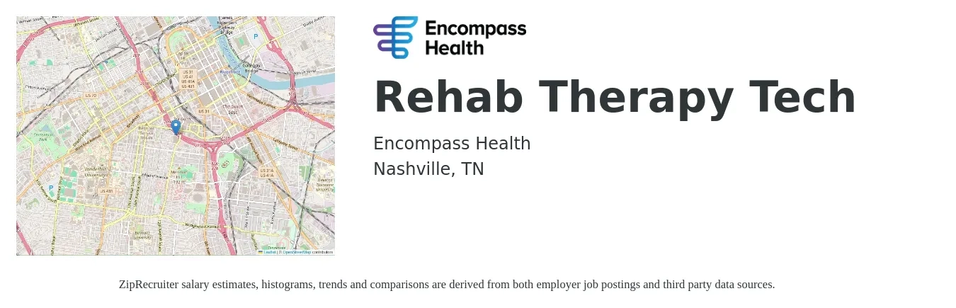 Encompass Health job posting for a Rehab Therapy Tech in Nashville, TN with a salary of $39,100 to $49,700 Yearly with a map of Nashville location.