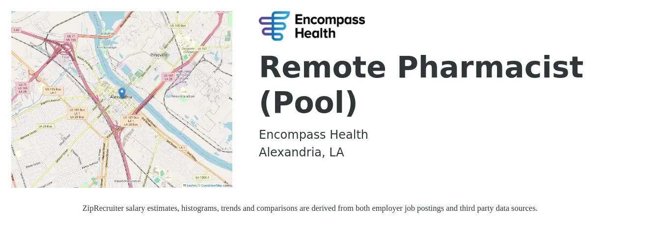 Encompass Health job posting for a Remote Pharmacist (Pool) in Alexandria, LA with a salary of $54 to $64 Hourly with a map of Alexandria location.