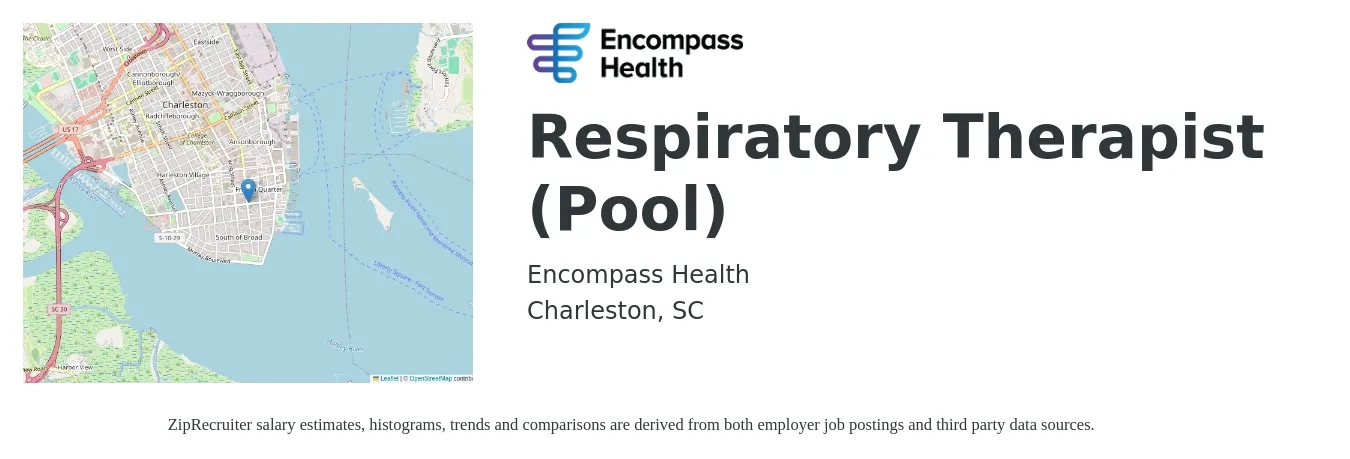 Encompass Health job posting for a Respiratory Therapist (Pool) in Charleston, SC with a salary of $30 to $53 Hourly with a map of Charleston location.