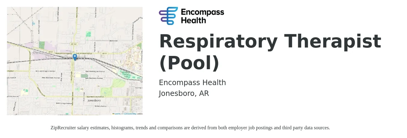 Encompass Health job posting for a Respiratory Therapist (Pool) in Jonesboro, AR with a salary of $27 to $48 Hourly with a map of Jonesboro location.