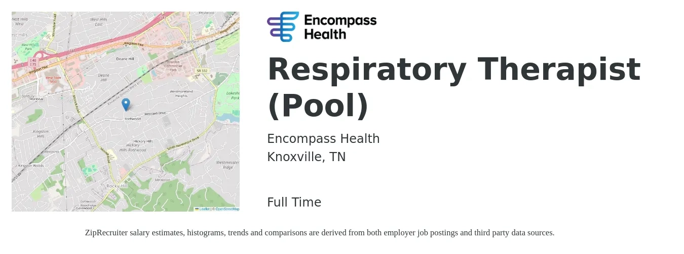 Encompass Health job posting for a Respiratory Therapist (Pool) in Knoxville, TN with a salary of $30 to $53 Hourly with a map of Knoxville location.