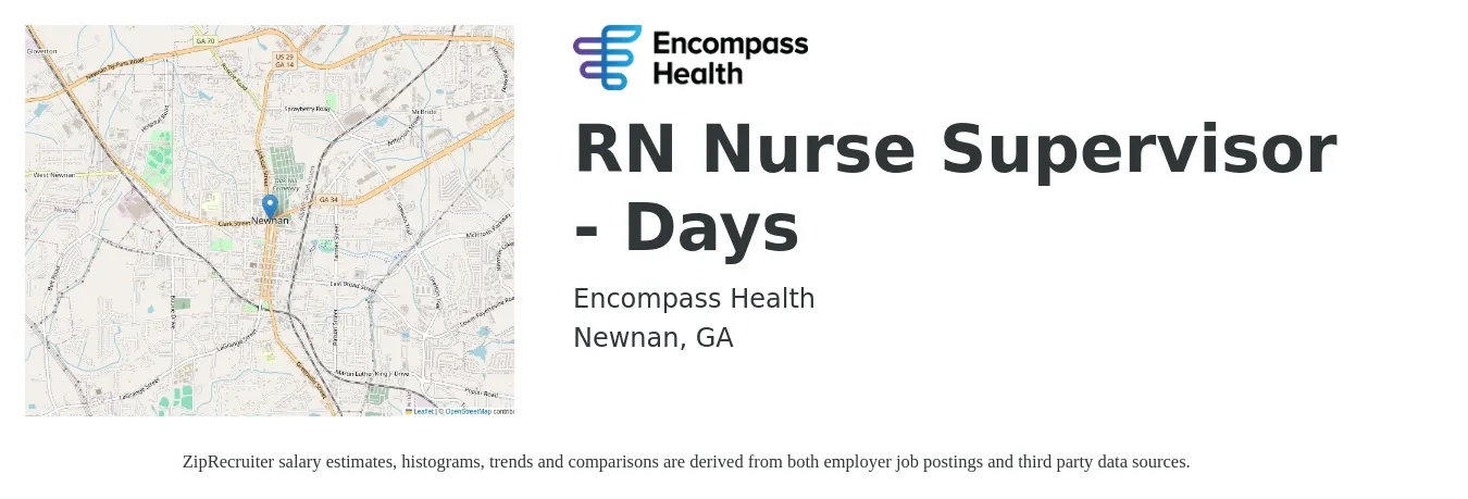 Encompass Health job posting for a RN Nurse Supervisor - Days in Newnan, GA with a salary of $36 to $52 Hourly with a map of Newnan location.