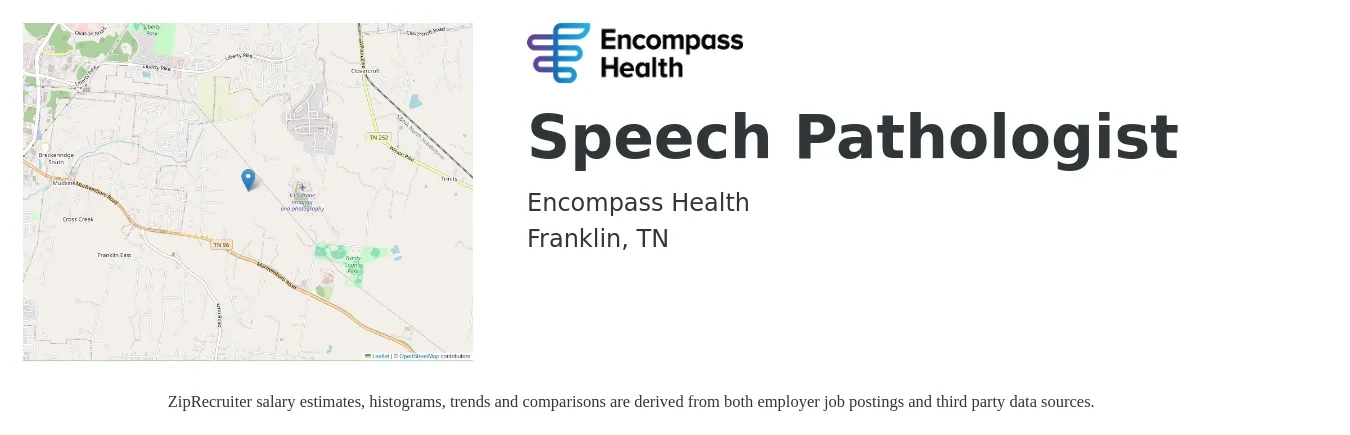 Encompass Health job posting for a Speech Pathologist in Franklin, TN with a salary of $35 to $46 Hourly with a map of Franklin location.